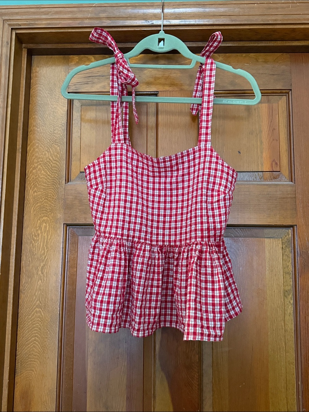 Madewell Red and White Gingham Tie-Shoulder Peplum Top
